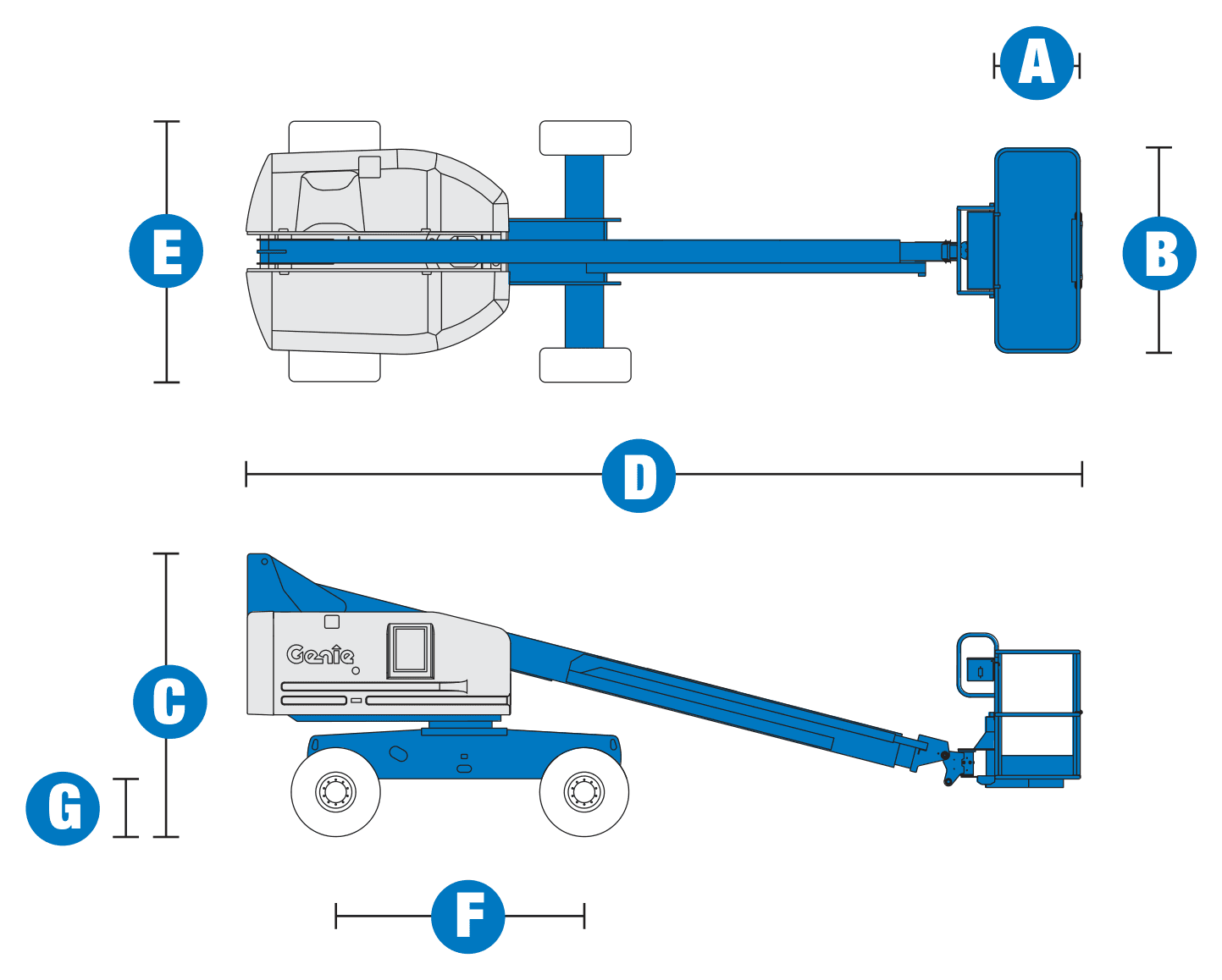 Genie S-40 — rysunek wymiarowy z oznaczeniami