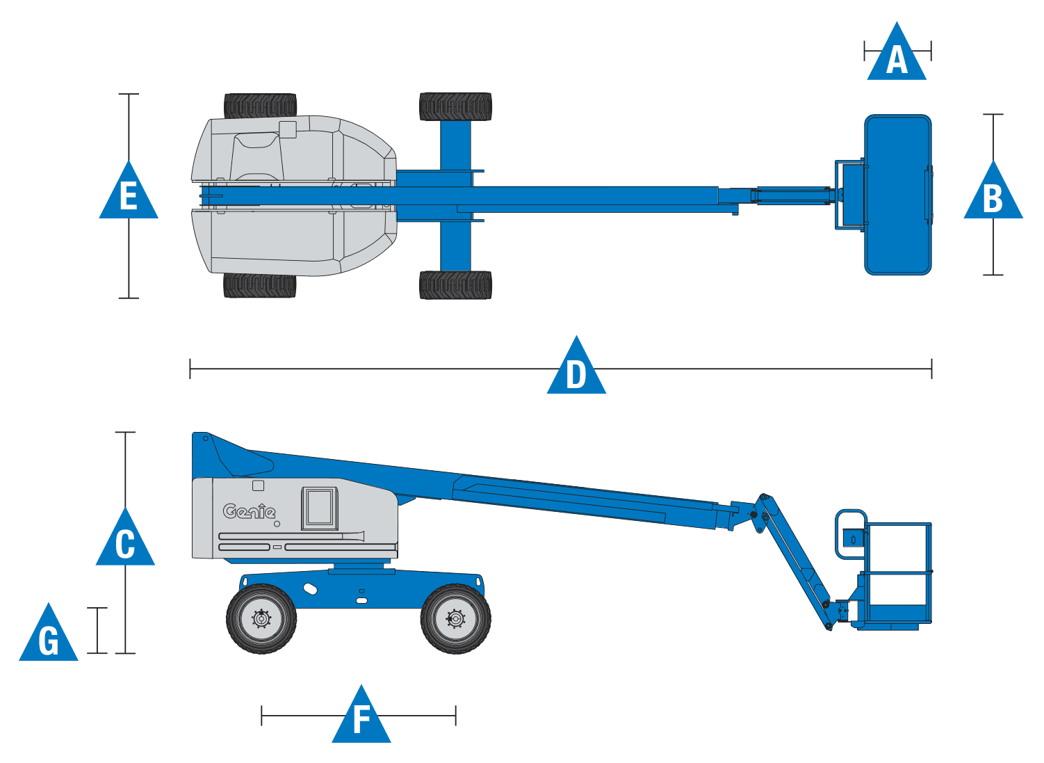 Genie S-45: dimensional drawing with labelled dimensions