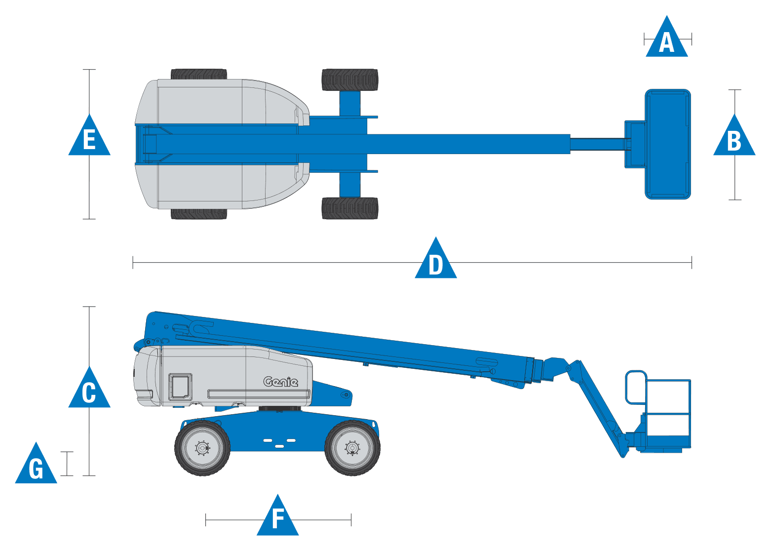 Genie S-65 — rysunek wymiarowy z oznaczeniami
