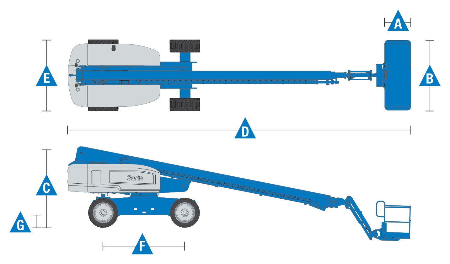 Genie S-85: dimensional drawing with labelled dimensions