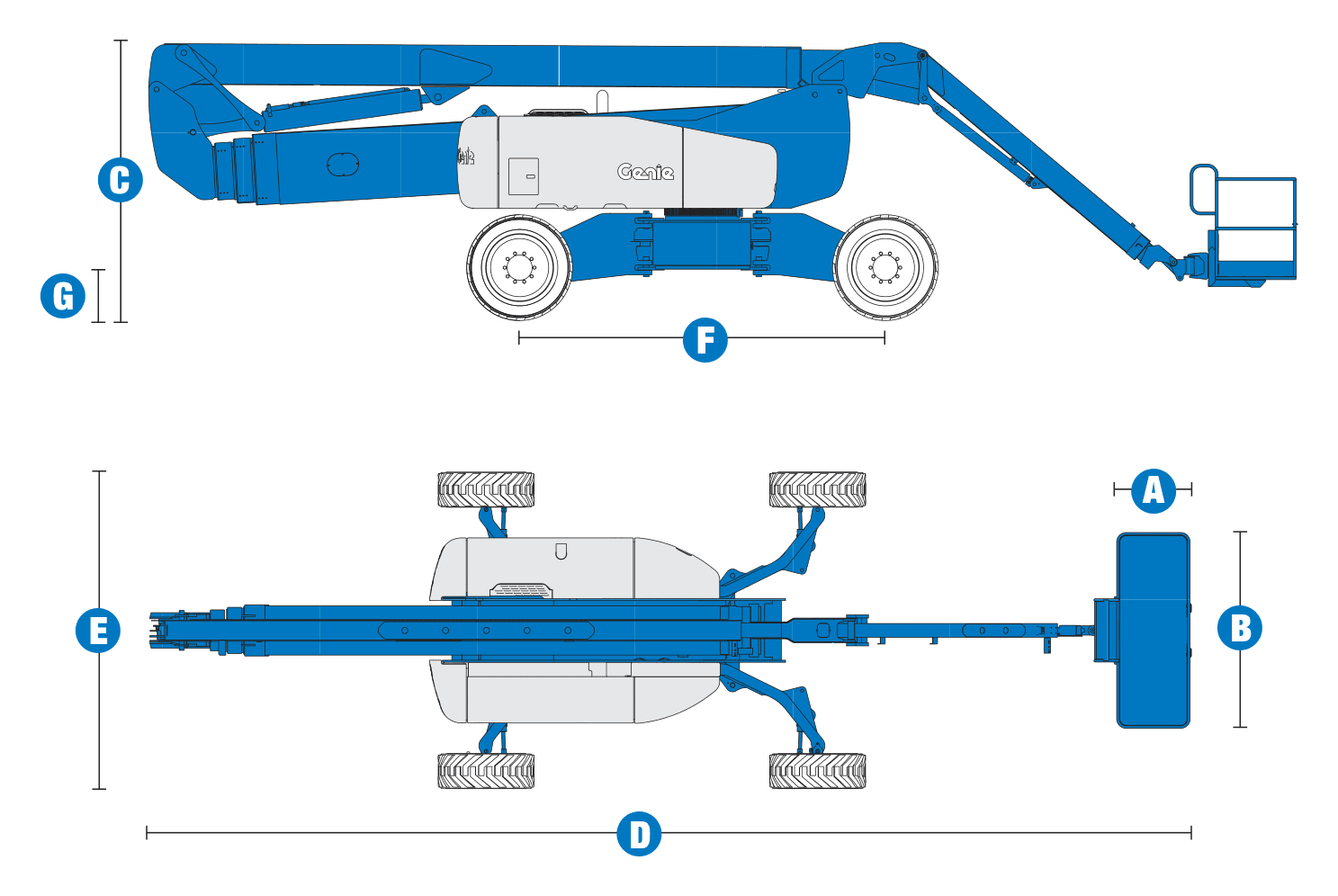 Genie Z-135/70: dimensional drawing with labelled dimensions