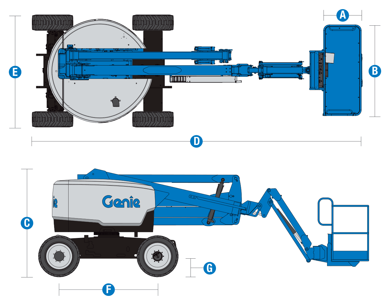 Genie Z-45/25J RT — rysunek wymiarowy z oznaczeniami
