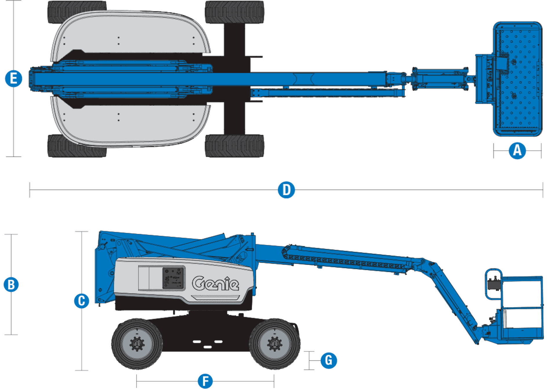 Genie Z-60/37 DC — rysunek wymiarowy z oznaczeniami