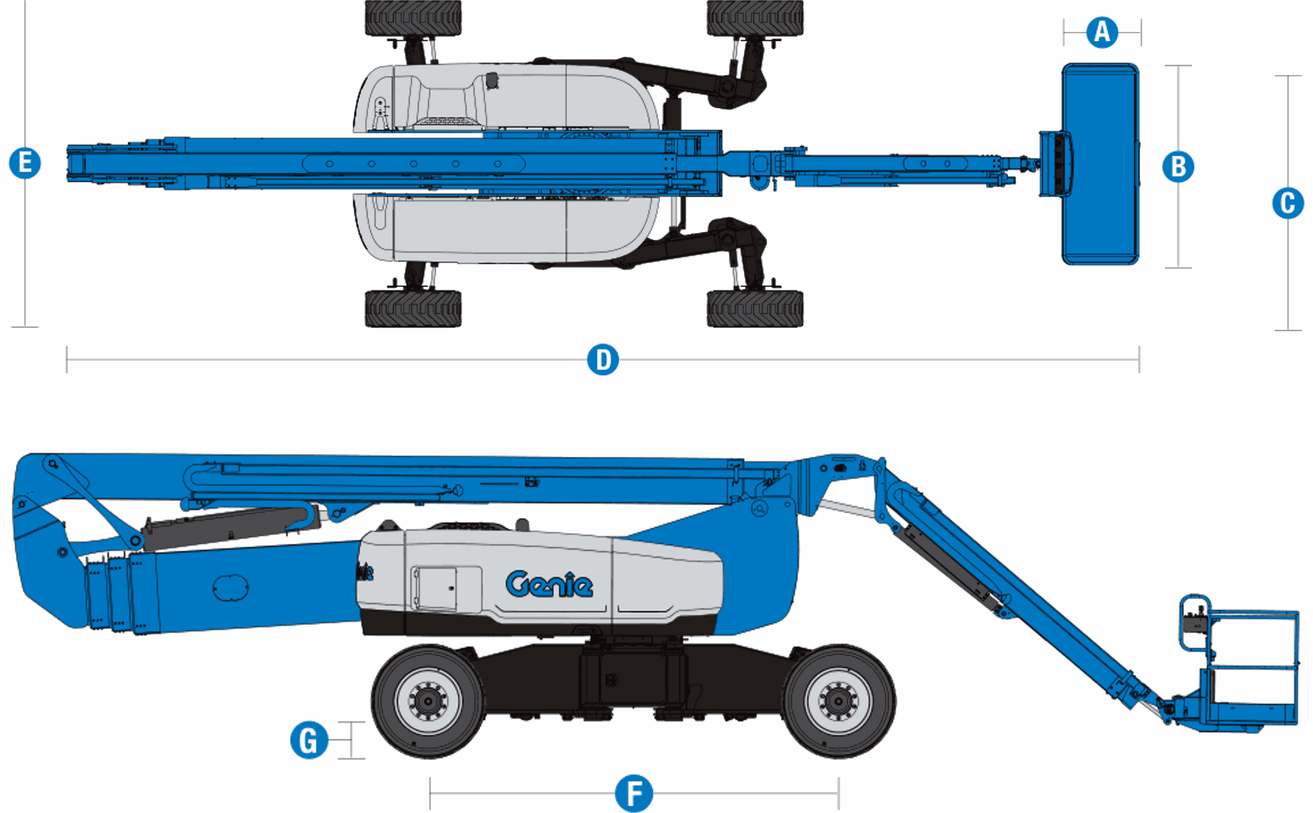 Genie ZX-135/70: dimensional drawing with labelled dimensions