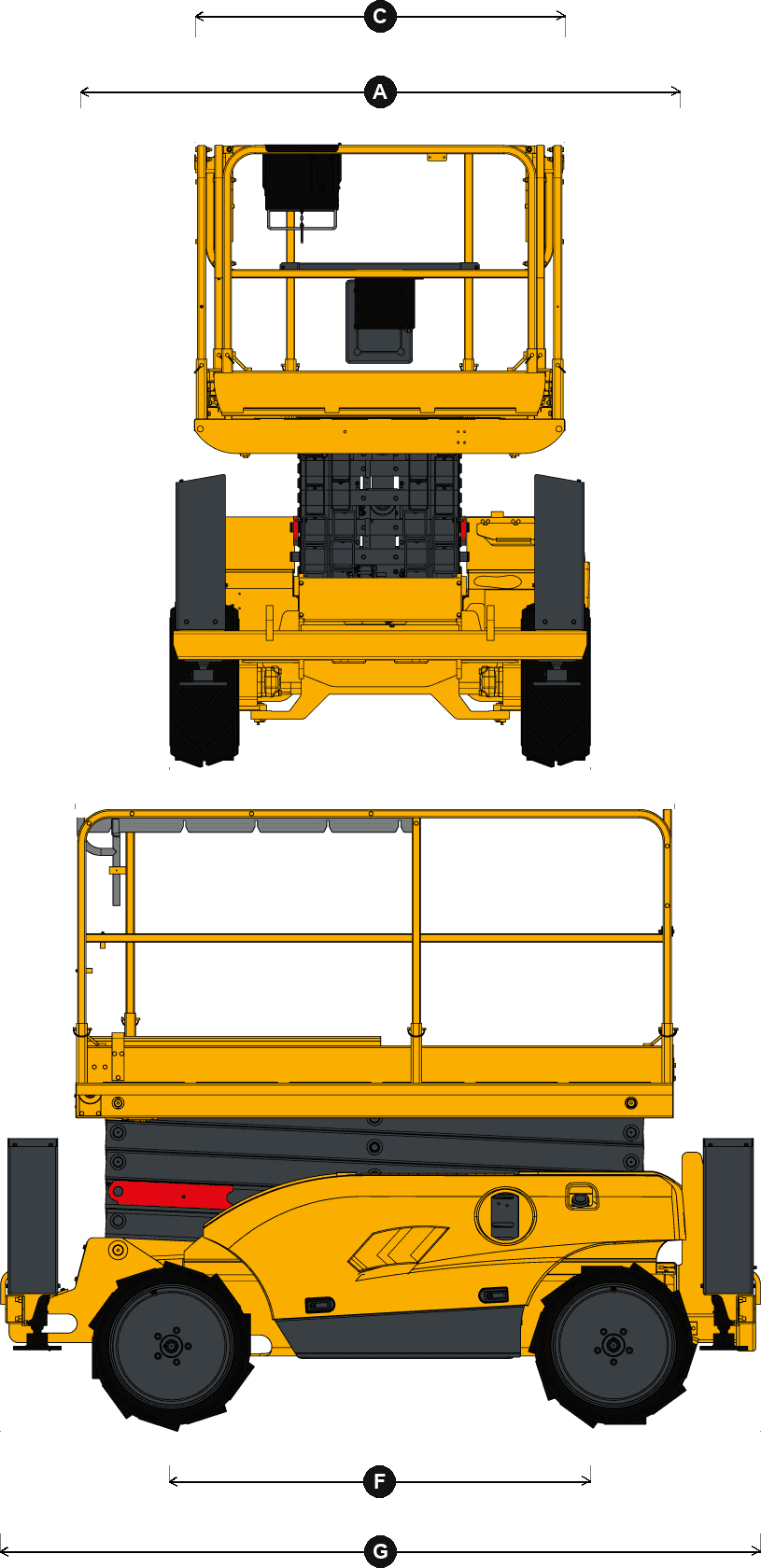 Haulotte Compact 12 DX: dimensional drawing with labelled dimensions