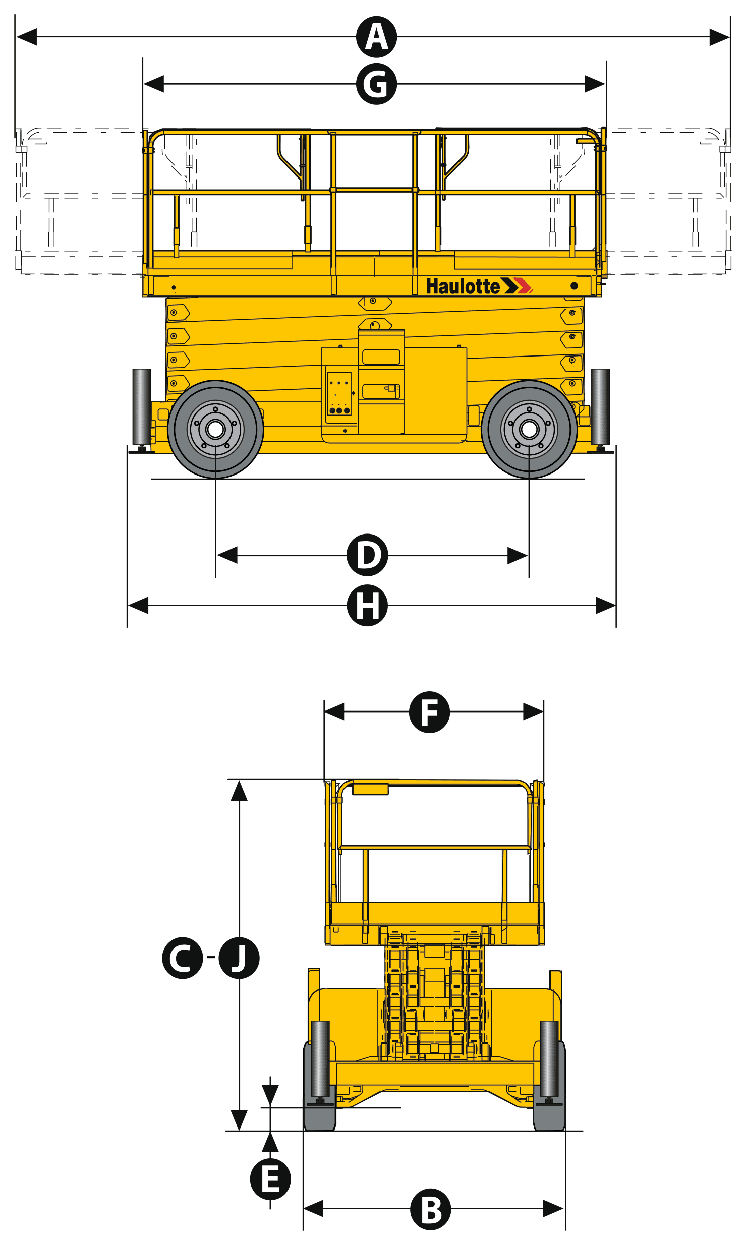 Haulotte H15SX — rysunek wymiarowy z oznaczeniami