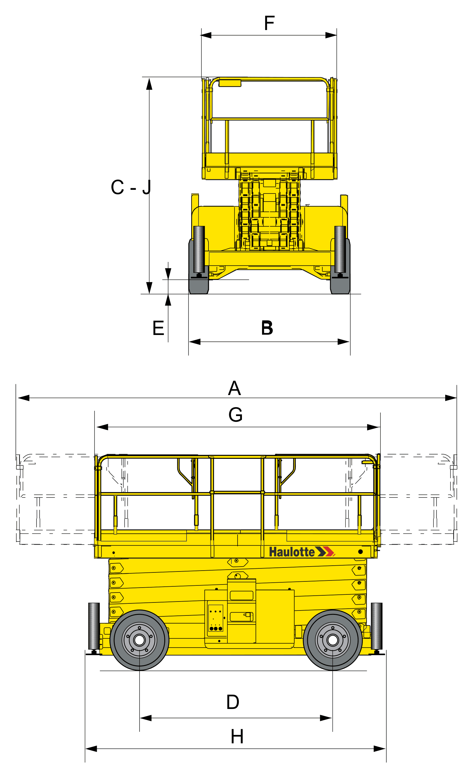 Haulotte H18SX — rysunek wymiarowy z oznaczeniami