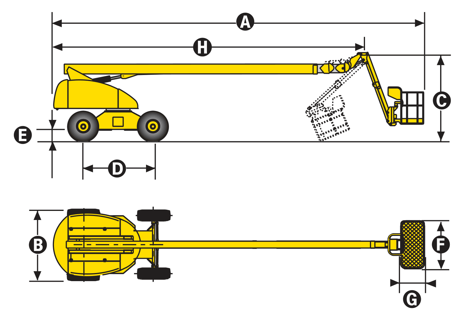 Haulotte H23 TPX — rysunek wymiarowy z oznaczeniami