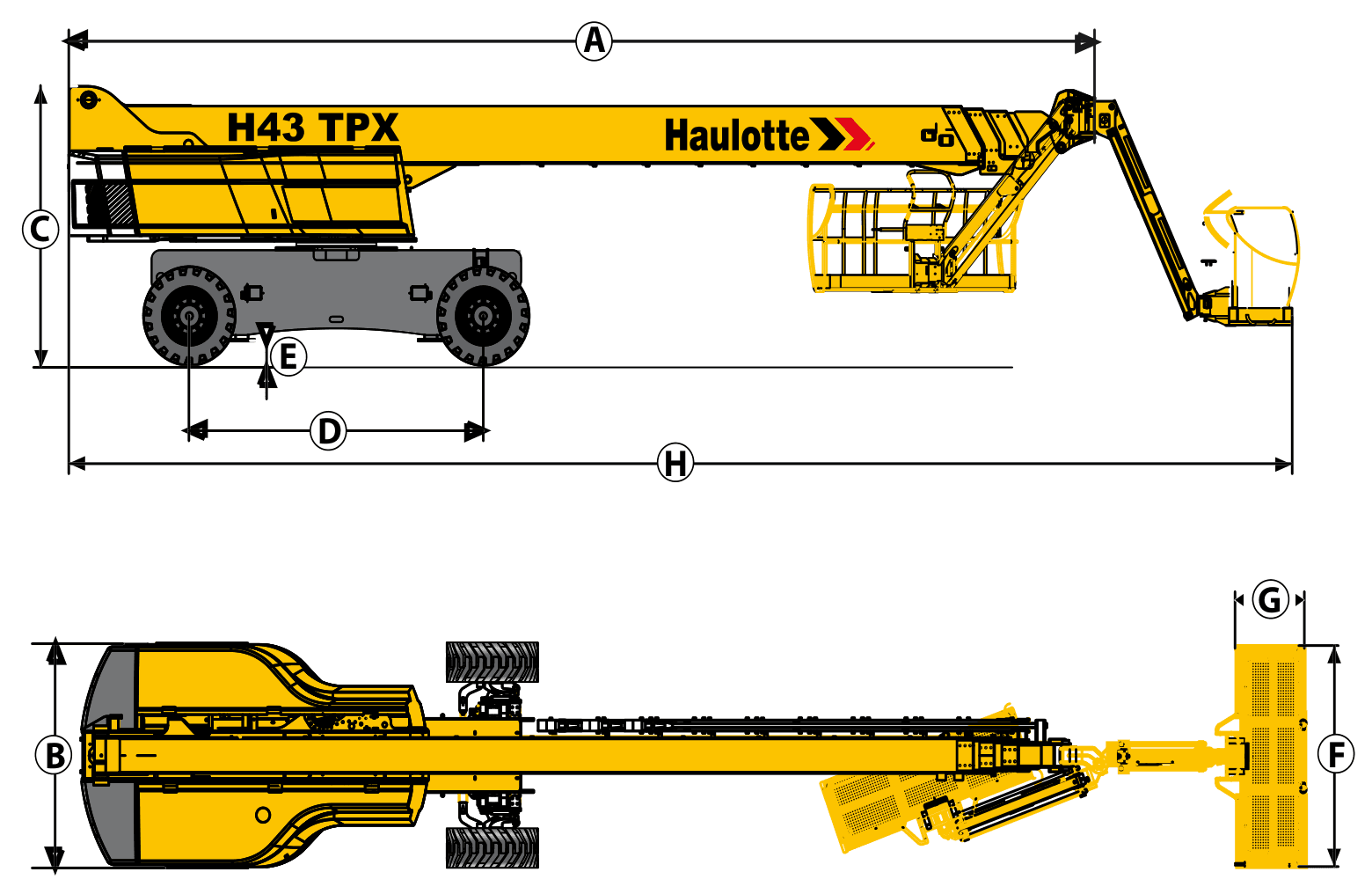 Haulotte H43 TPX — rysunek wymiarowy z oznaczeniami