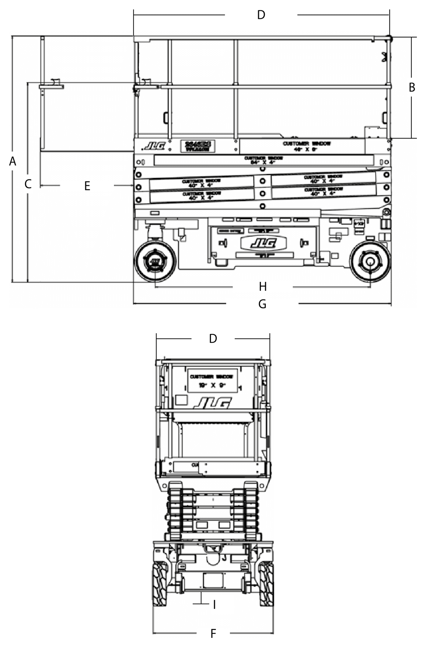 JLG 3246ES: dimensional drawing with labelled dimensions