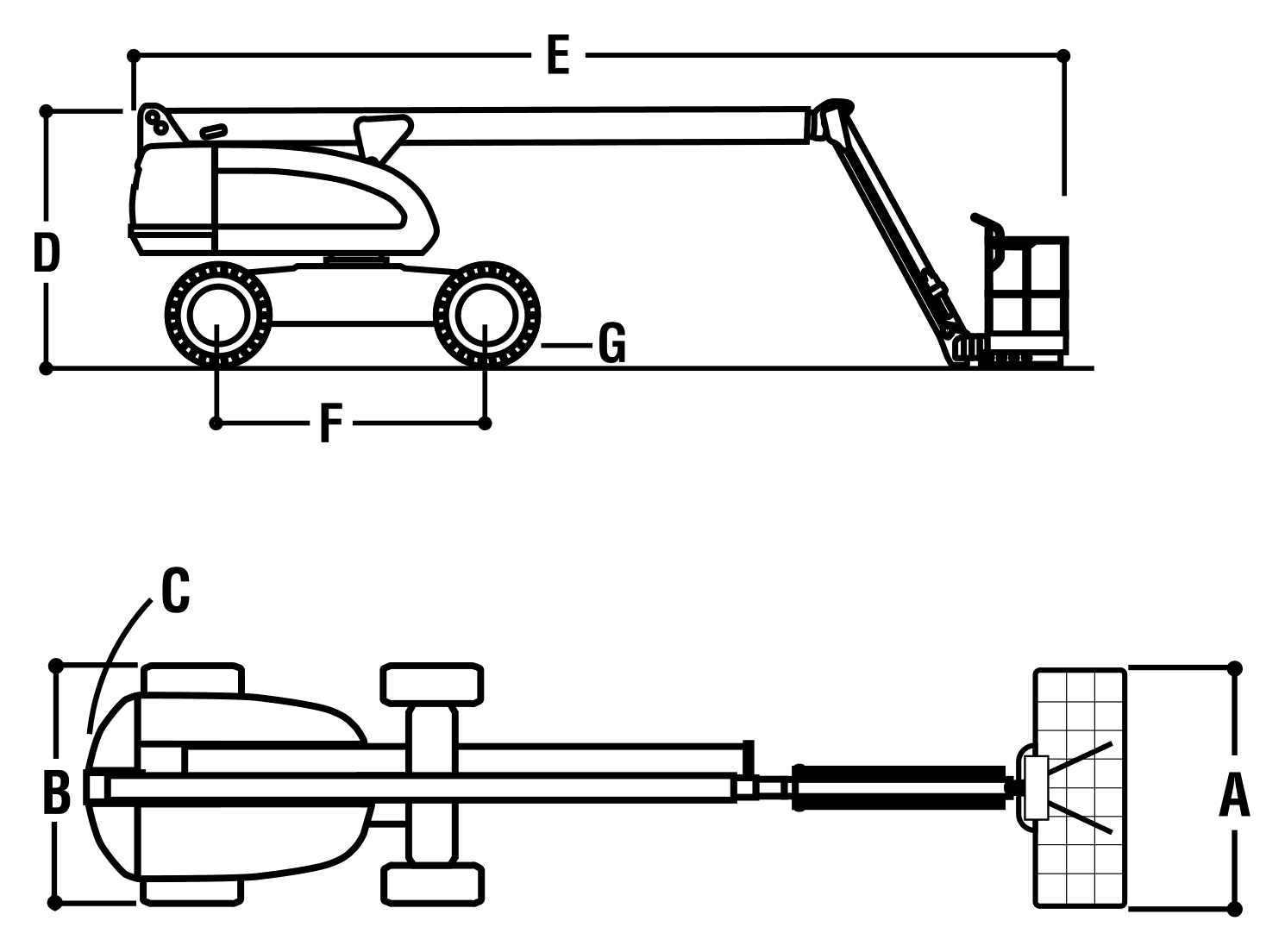 JLG 400SJ — rysunek wymiarowy z oznaczeniami