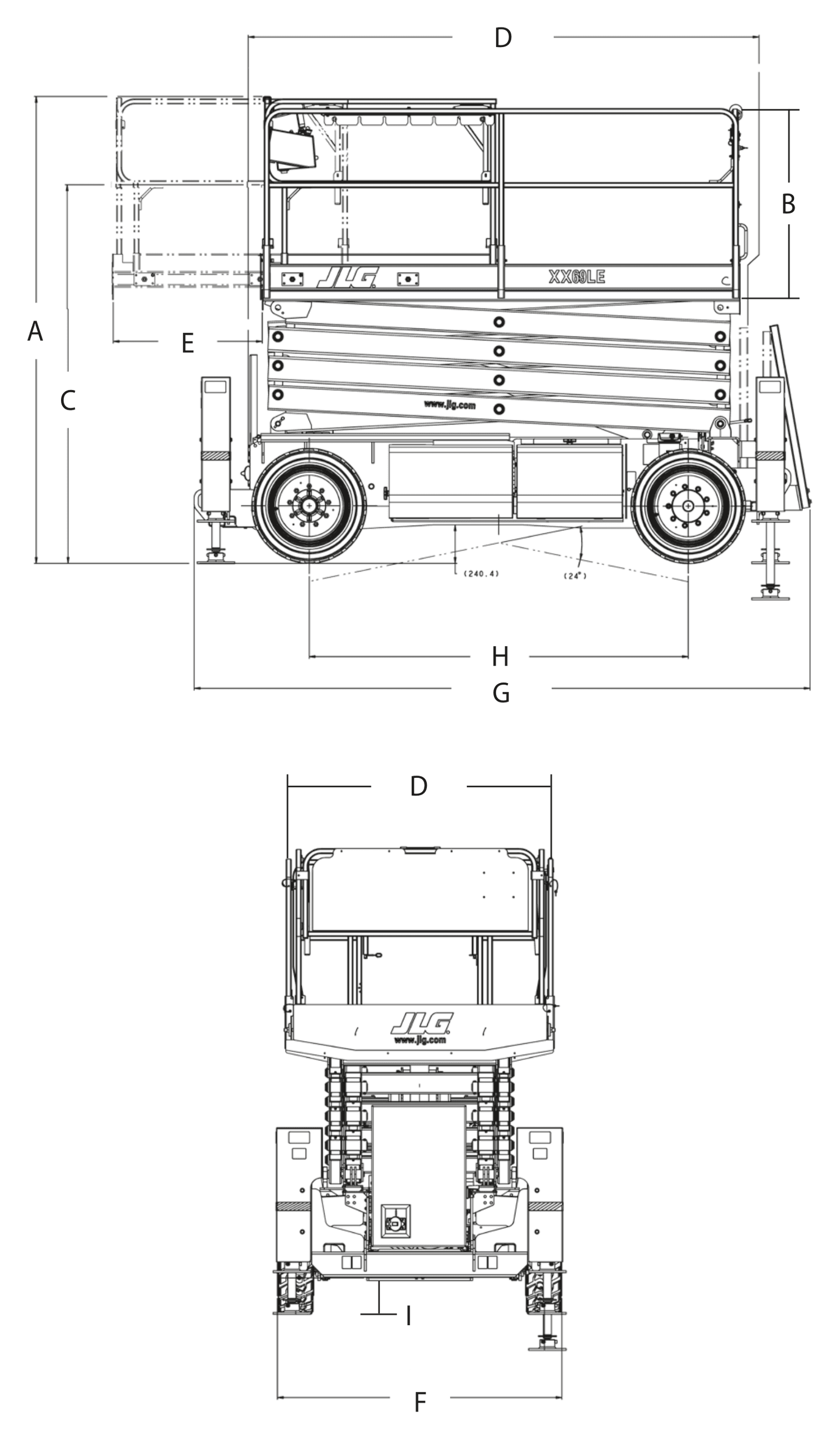 JLG 4069LE — rysunek wymiarowy z oznaczeniami