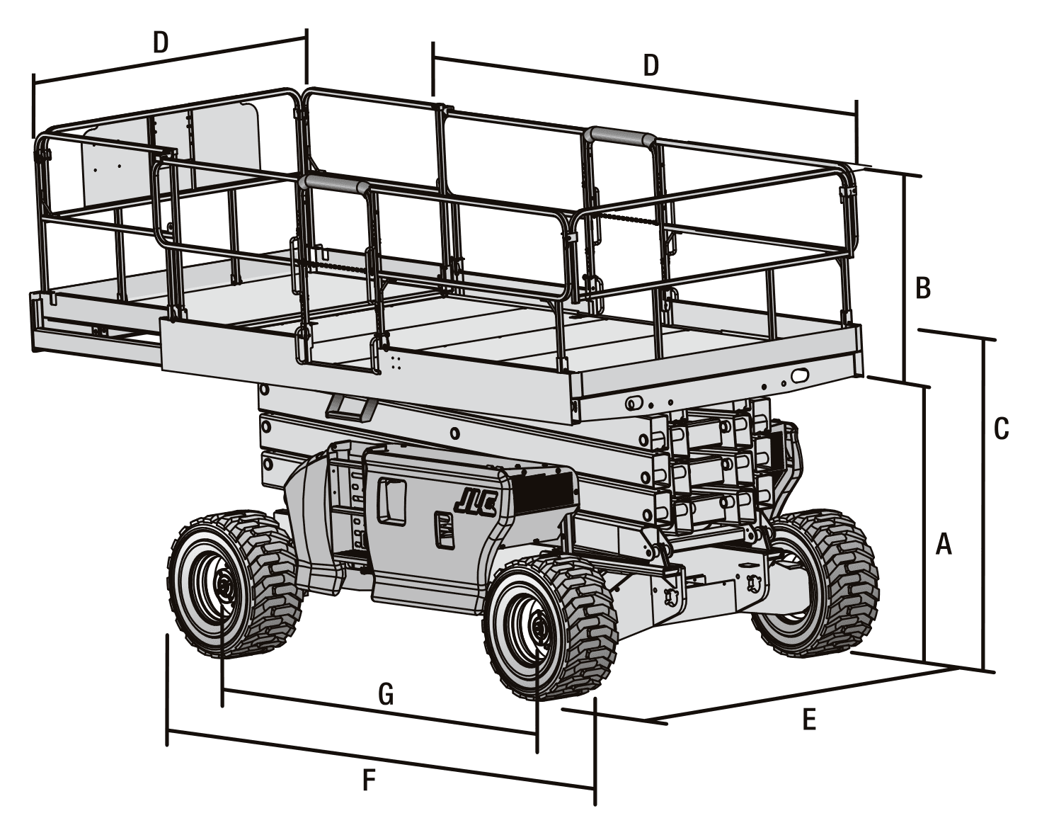 JLG 4394RT: dimensional drawing with labelled dimensions