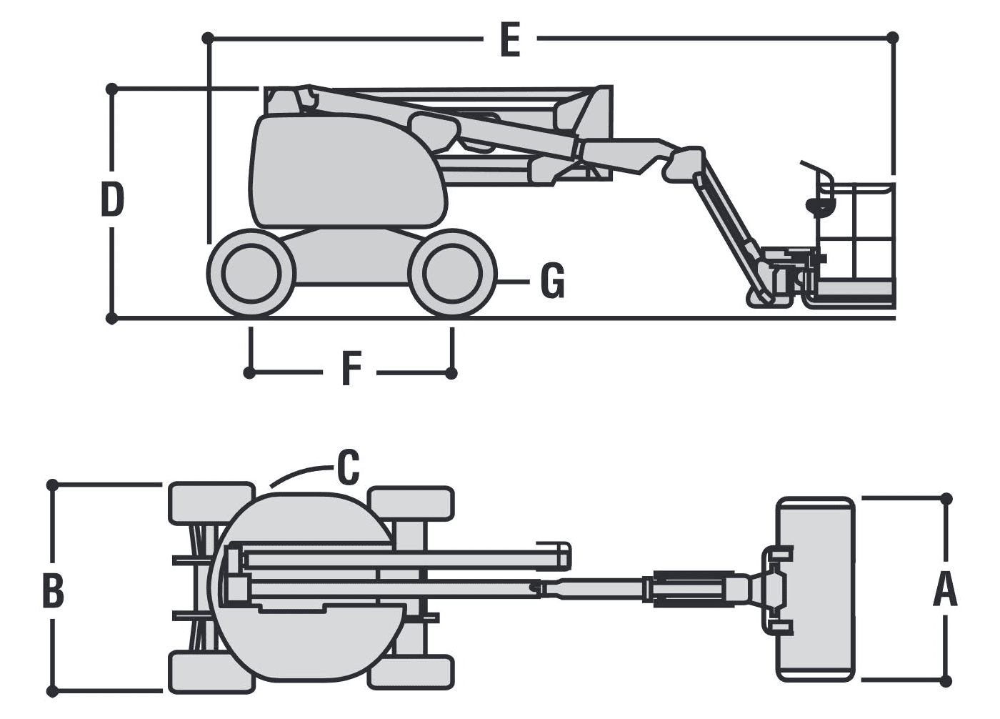 JLG 450AJ SII — rysunek wymiarowy z oznaczeniami