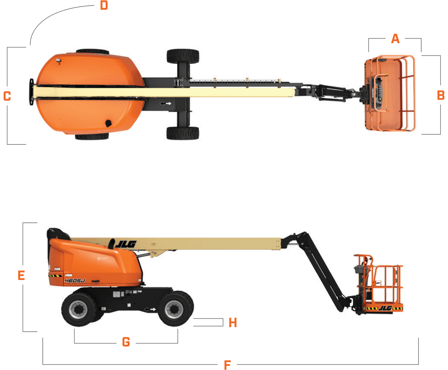 JLG 460SJ — rysunek wymiarowy z oznaczeniami