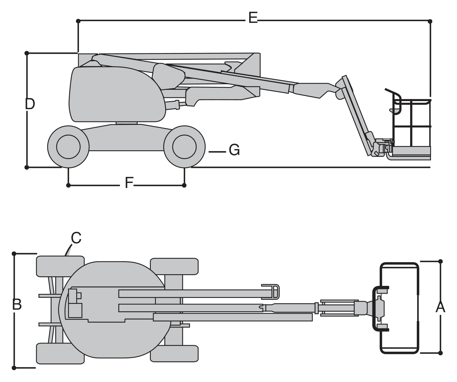 JLG 510AJ — rysunek wymiarowy z oznaczeniami
