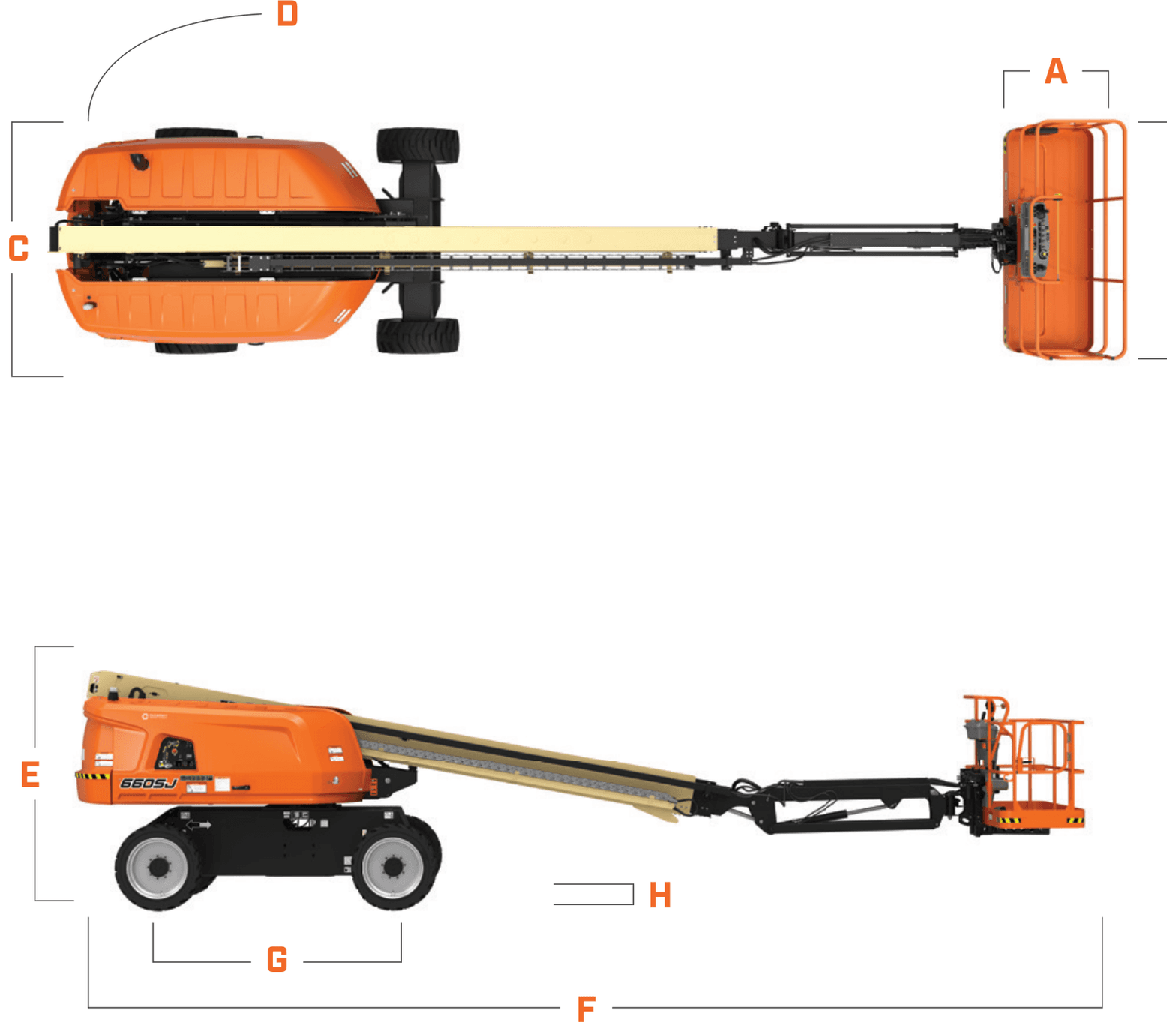 JLG 660SJ: dimensional drawing with labelled dimensions