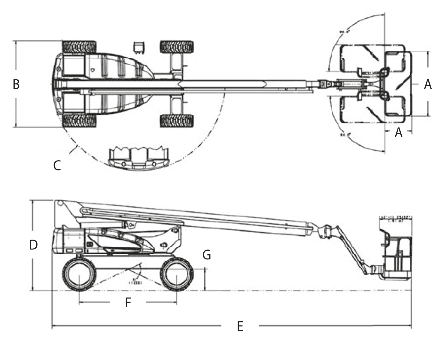 JLG E600JP — rysunek wymiarowy z oznaczeniami