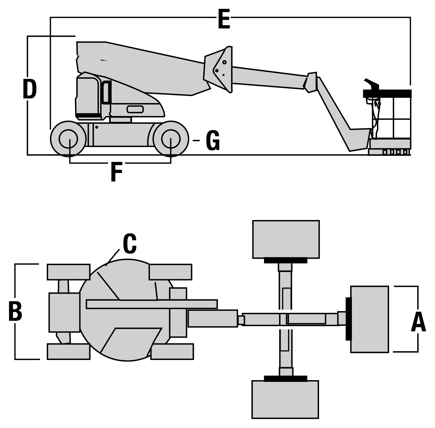 JLG M400AJPN — rysunek wymiarowy z oznaczeniami