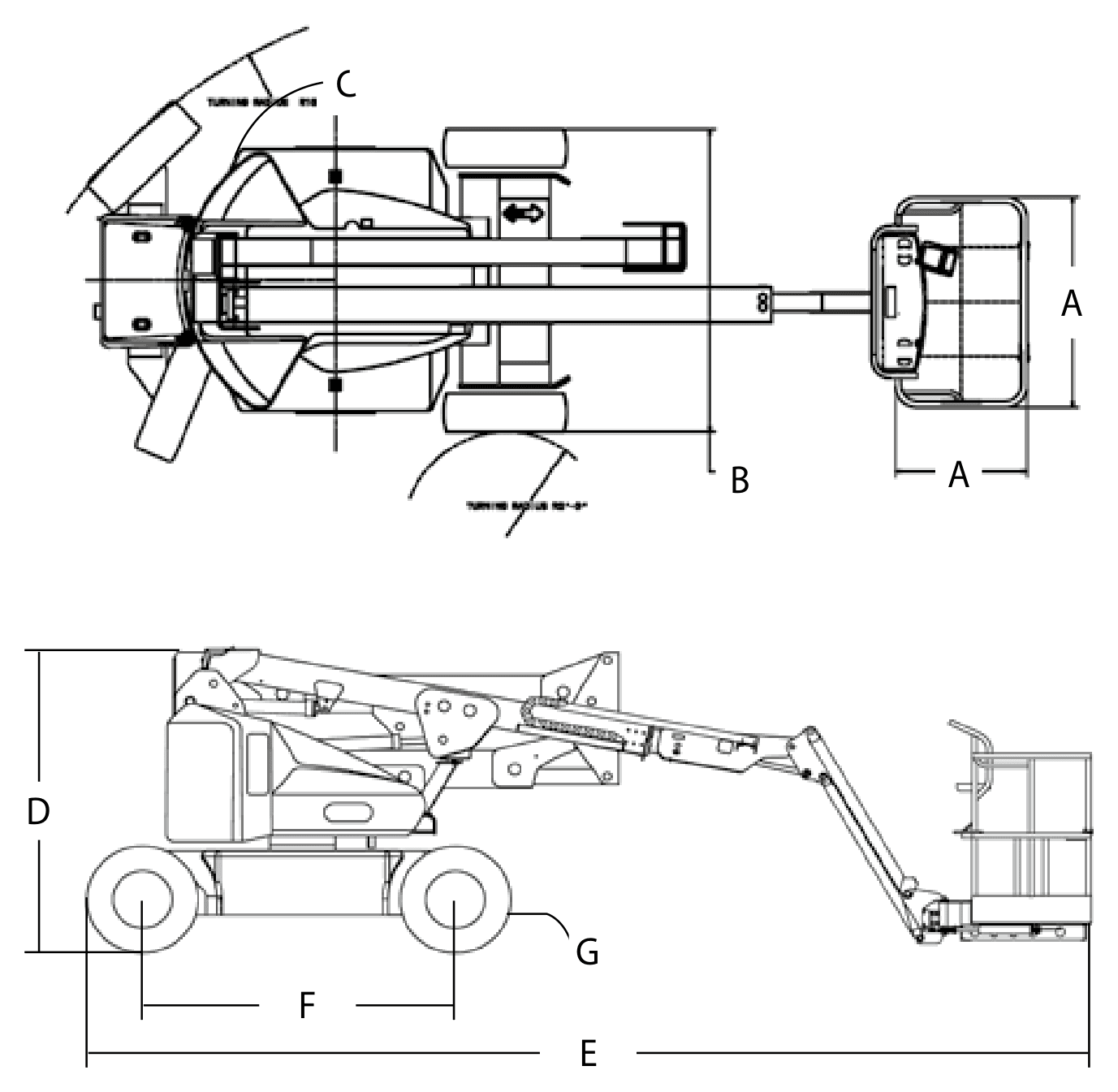 JLG M450AJ Bi-Energy — rysunek wymiarowy z oznaczeniami