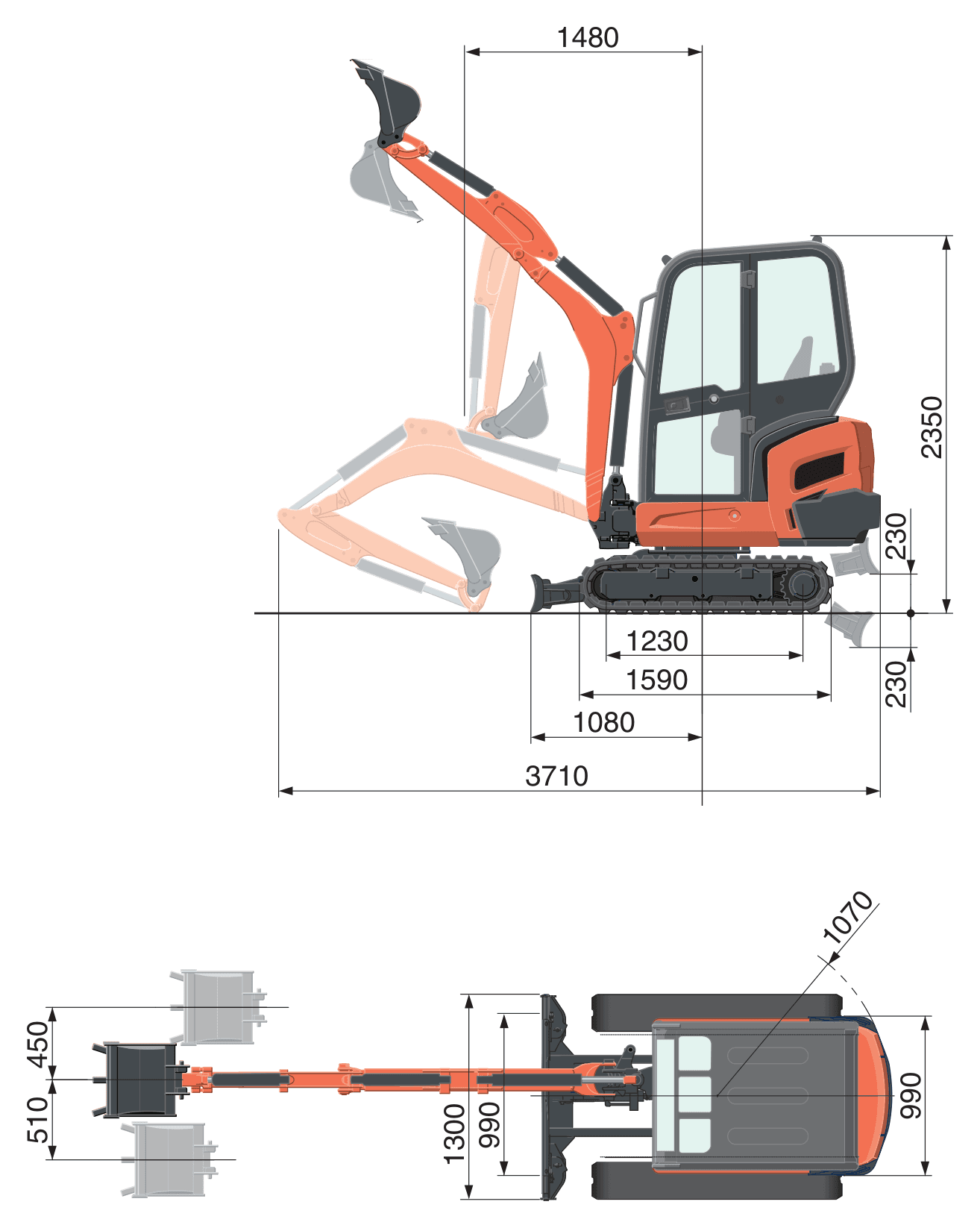 Kubota KX018-4 — rysunek wymiarowy z oznaczeniami
