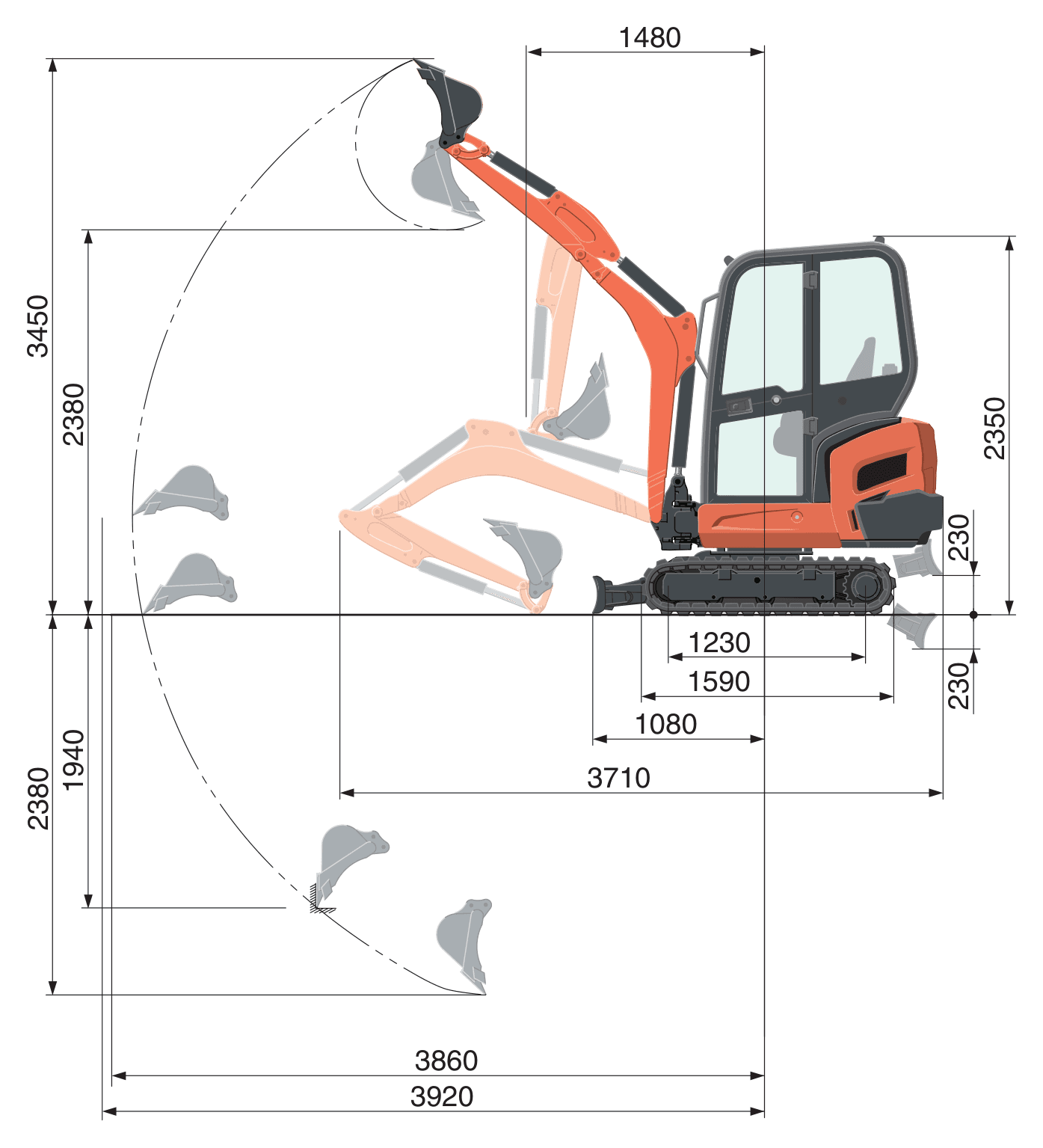 Kubota KX018-4 — wykres roboczy (zasięg i udźwig)