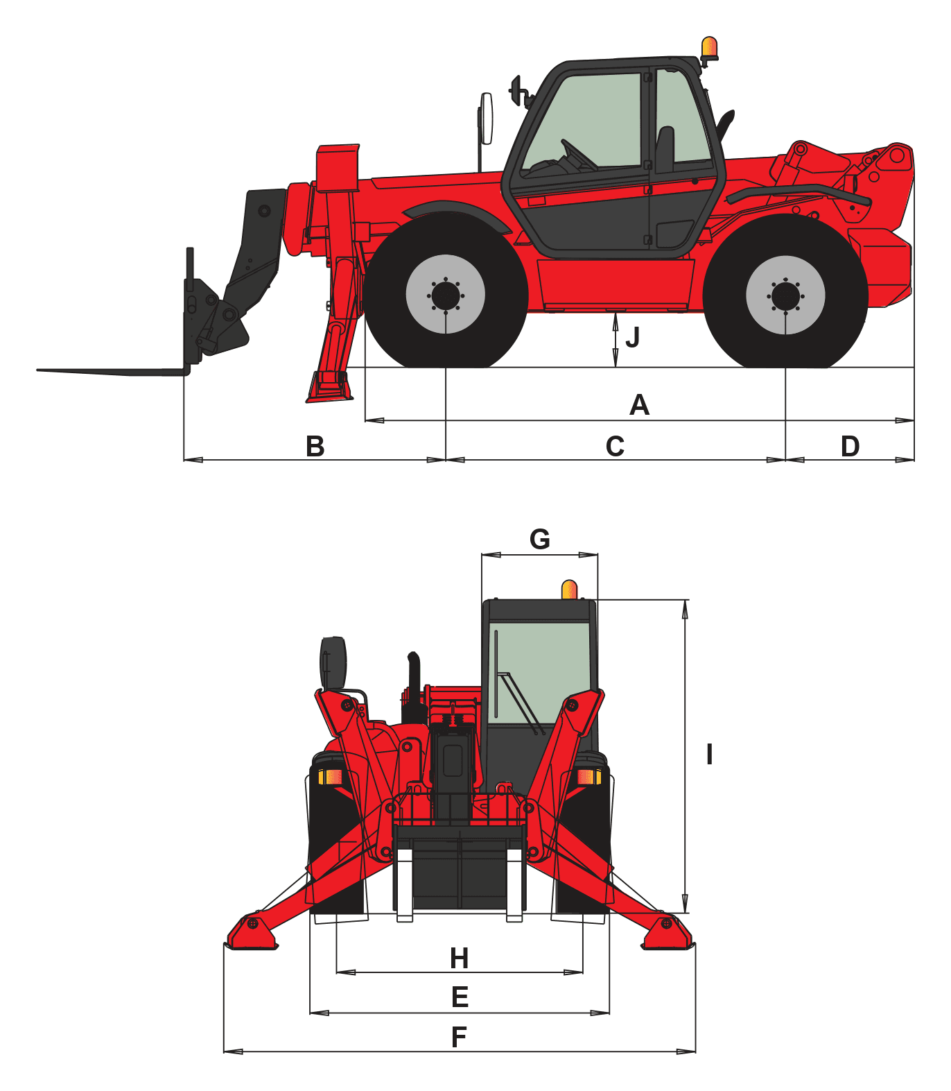 Manitou MT 1440 SLT — rysunek wymiarowy z oznaczeniami