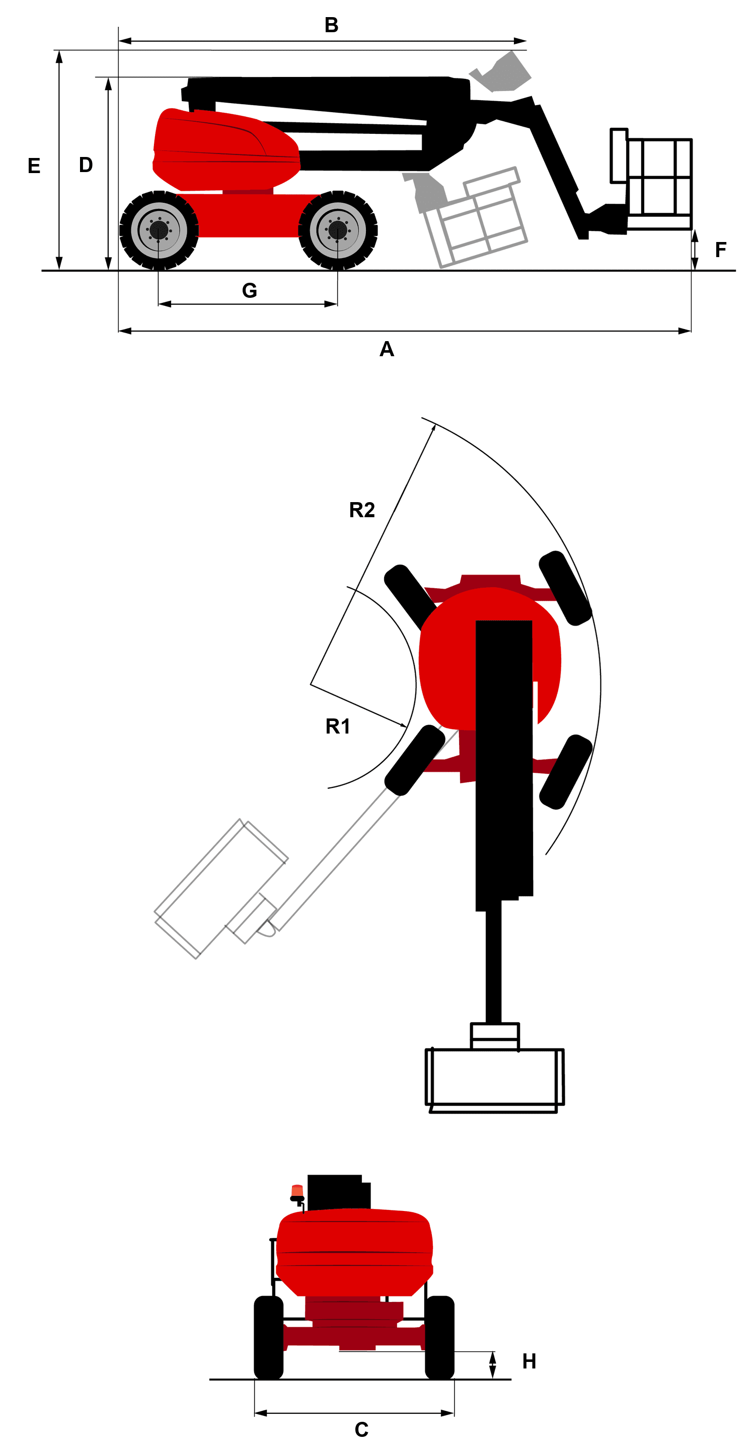 Manitou 160 ATJ — rysunek wymiarowy z oznaczeniami