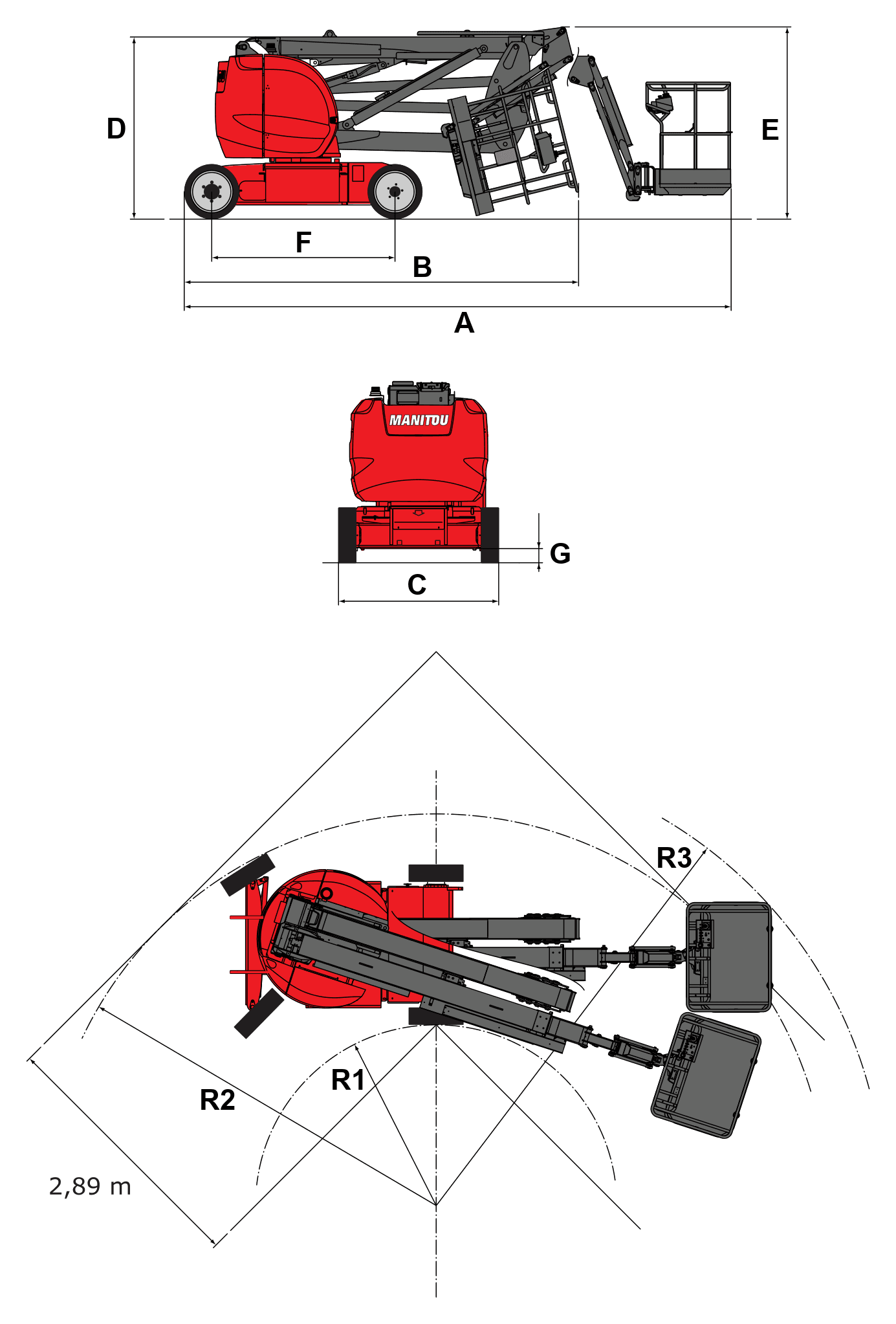 Manitou 170 AETJ L — rysunek wymiarowy z oznaczeniami