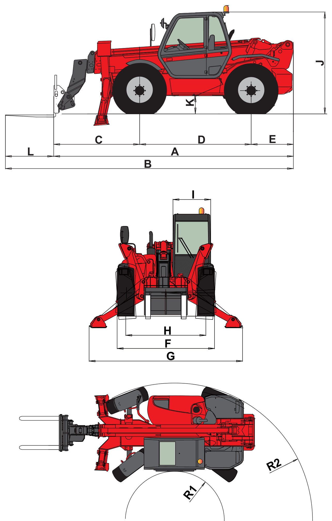 Manitou MT 1740 SLT: dimensional drawing with labelled dimensions