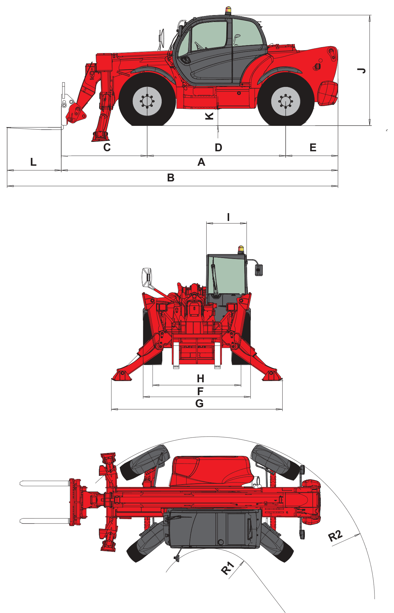 Manitou MT 1440 Privilege — rysunek wymiarowy z oznaczeniami
