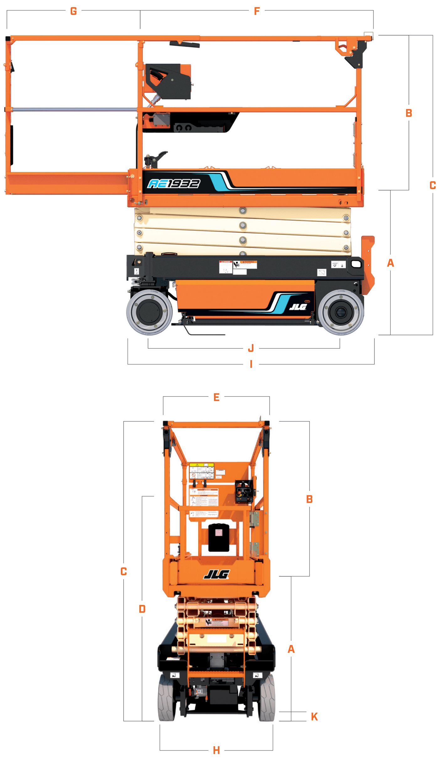 JLG AE1932, rysunek wymiarowy